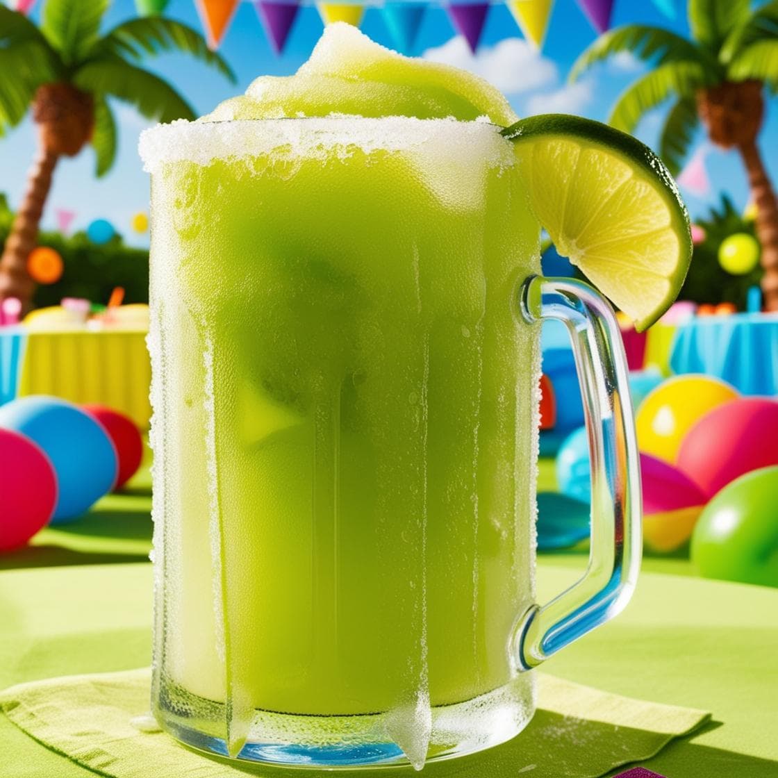 A frozen margarita poured from a rental machine into a salted glass
